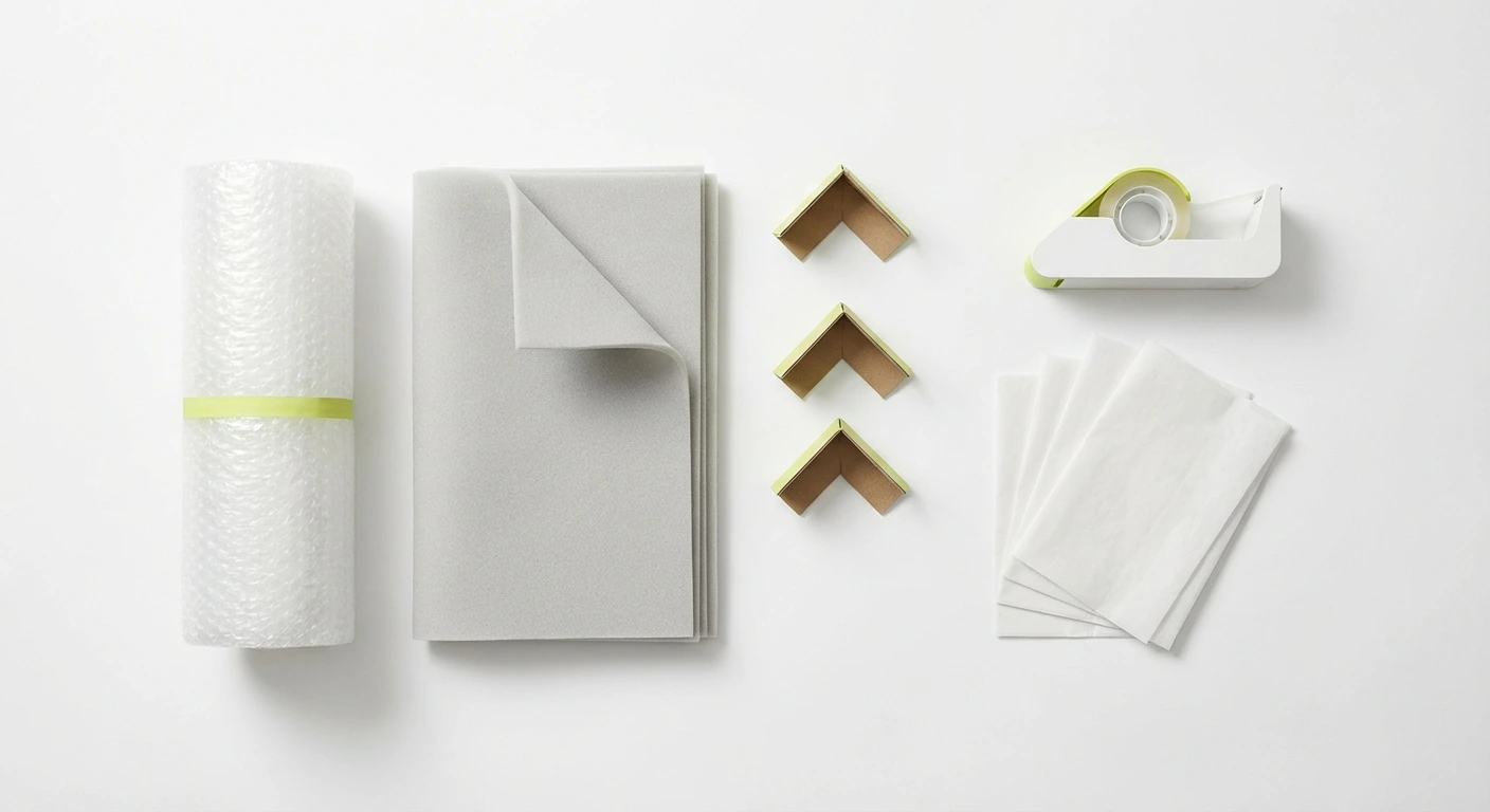 Proper packaging materials for fragile items including bubble wrap and boxes